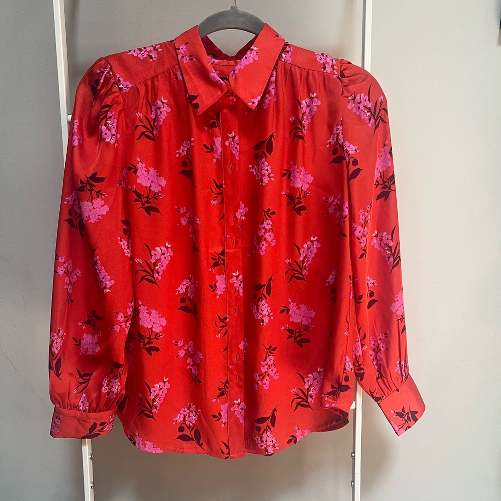 Ann Taylor Petite Pink Red Floral Long Sleeve Button Down Blouse